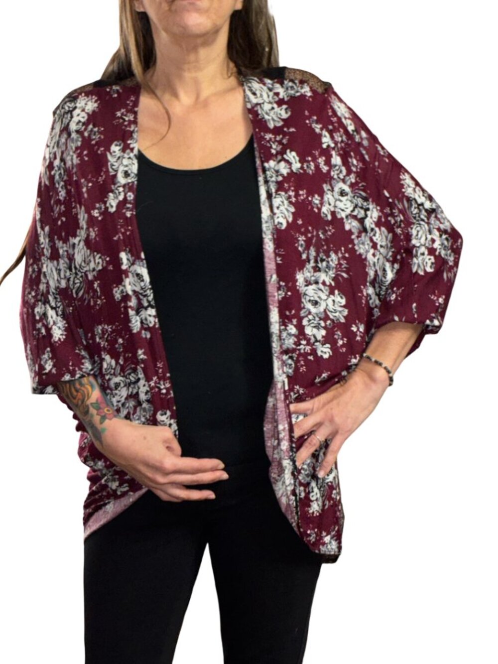 Sz.M*Charlotte Russe*Burgundy/Black Floral-Print Kimono--Black Mesh/Lace Back